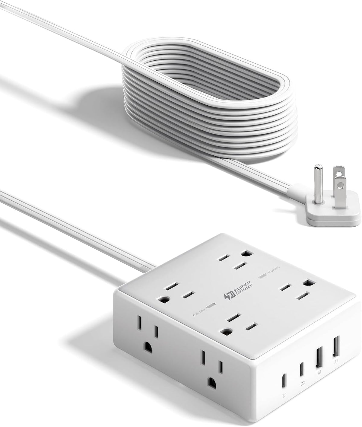 SUPERDANNY Extension Cord,Flat Plug Surge Protector Power Strip,10Ft