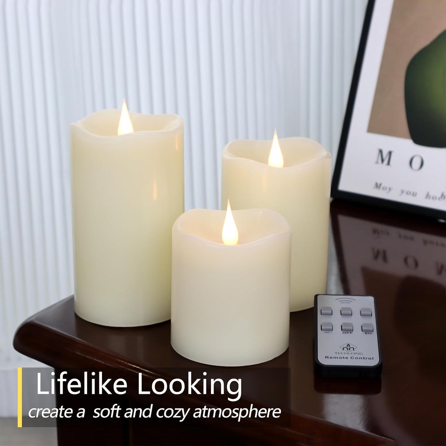 TECHLONG Flameless Candles Battery Operated with Timer, 3D Moving Flame Flickering, Last 600+ Hours Battery Candles, 3" x 3" Ivory Real Wax Electric LED Candle for Wedding Party Decorations