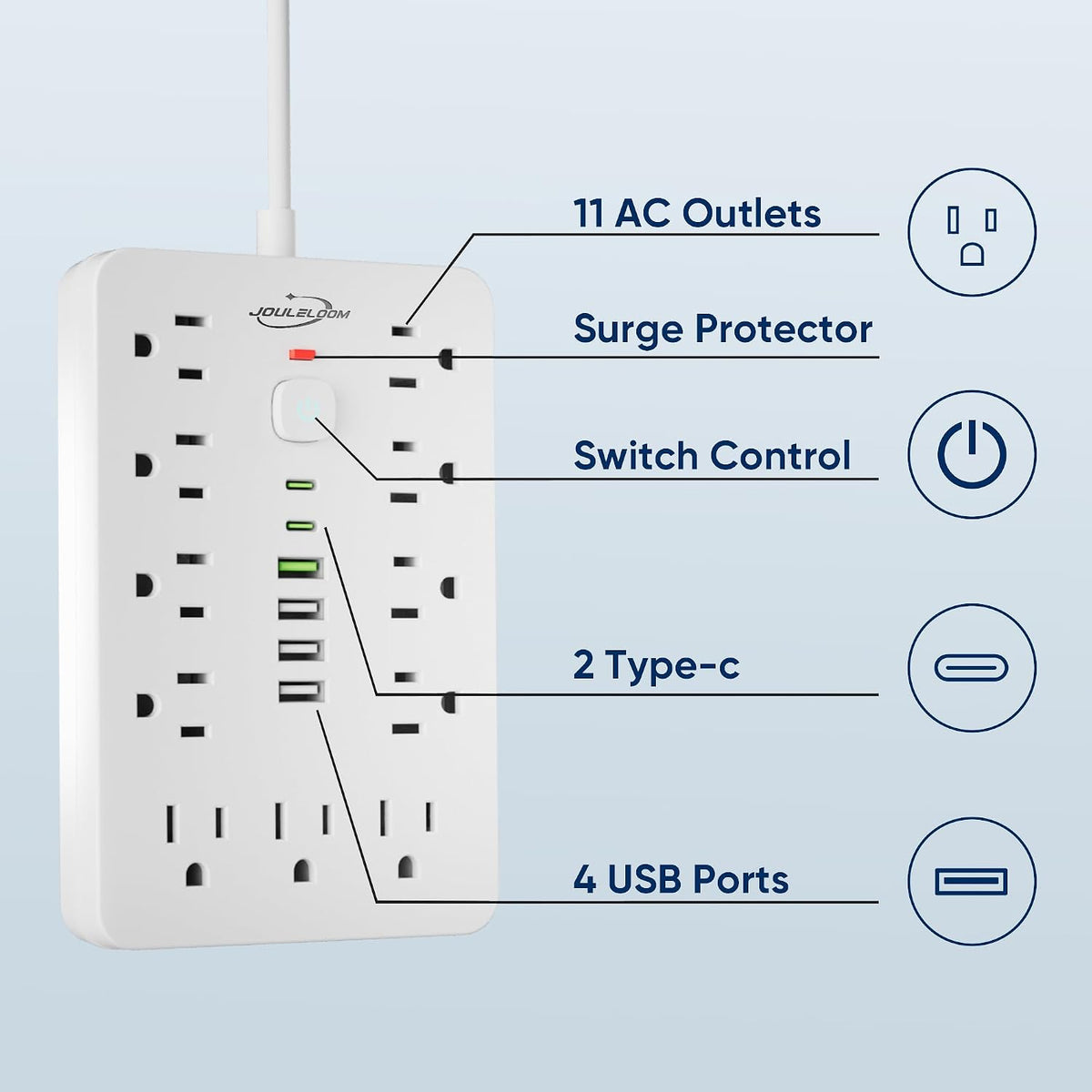 6 FT Flat Plug Surge Protector Power Strip,11 AC Outlets with 6 USB Ports