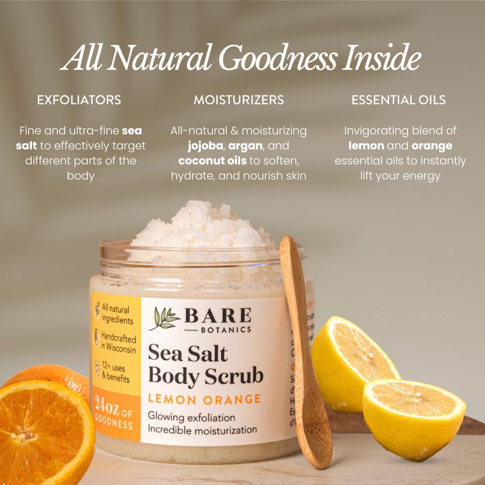 Bare Botanics Coconut Vanilla Body Scrub 24oz | Made in Madison, WI | All Natural Sea Salt Exfoliator w/ Skin Loving Moisturizers | Vegan & Cruelty Free | Gift Ready Packaging w/ a Cute Wooden Spoon