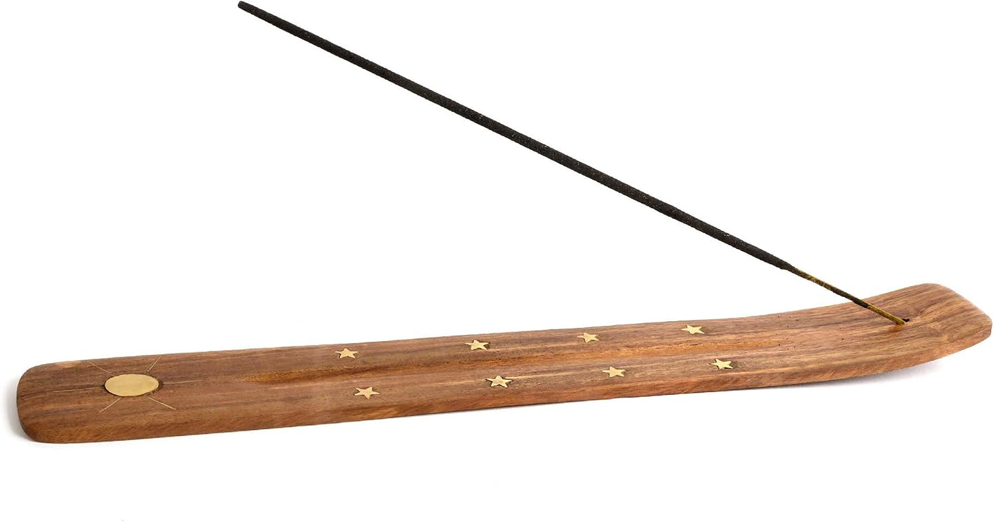 Wooden Incense Holder for Sticks with Inlays of Brass Crescent Moon 10 inches Long