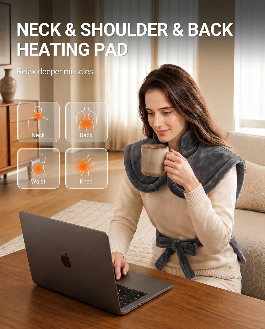 Electric Heating Pad for Shoulder Back: Heated Wrap for Neck 100°F-150°F, 6 Heat Levels, Weighted Heat pad 33x24in - LCD Display, Auto Shut-Off, Flannel Gifts for Women Men