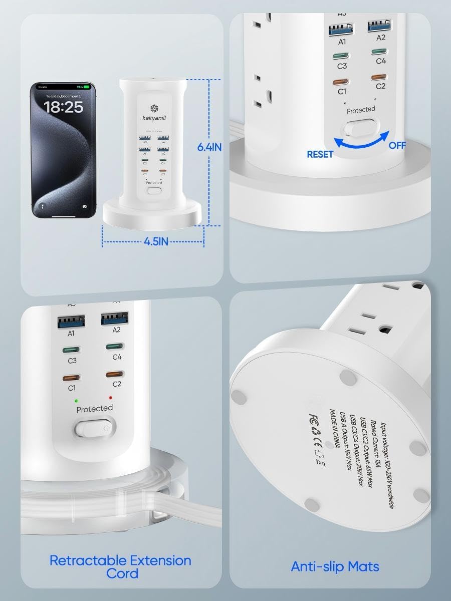 Kakyanill 115W USB Charging Station, Power Strip Tower with 9 AC 8 USB
