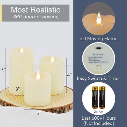 TECHLONG Flameless Candles Battery Operated with Timer, 3D Moving Flame Flickering, Last 600+ Hours Battery Candles, 3" x 3" Ivory Real Wax Electric LED Candle for Wedding Party Decorations