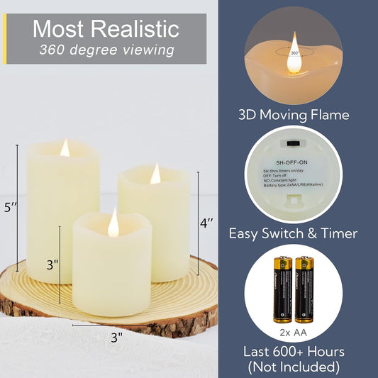 TECHLONG Flameless Candles Battery Operated with Timer, 3D Moving Flame Flickering, Last 600+ Hours Battery Candles, 3" x 3" Ivory Real Wax Electric LED Candle for Wedding Party Decorations