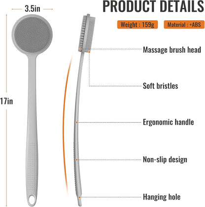 Silicone Back Scrubber for Shower, 17in Lengthen Long Handle Body Brush, Double Sided Shower Brush for Shower Exfoliating and Massage Can Produce Rich Foam, Long Handle Back Scrubber for Men