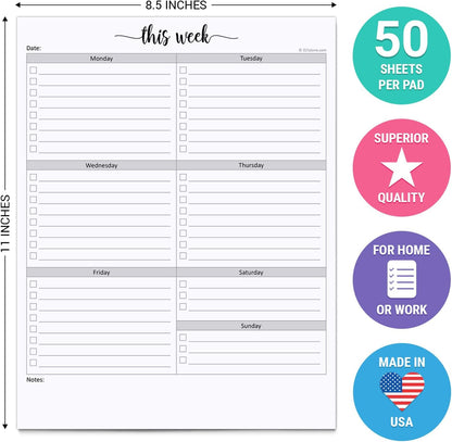 321Done Weekly Checklist Notepad, 5.5x8.5 Size Pad - 50 Tear-Off Sheets, Undated Monday-Sunday Schedule, Daily Task Planner for Home, Office & Student Use - Made in USA