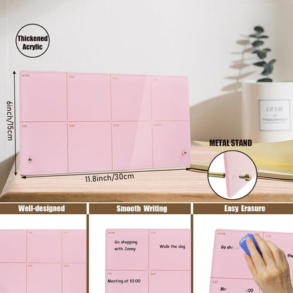 Desktop Acrylic Weekly Planner Whiteboard with Stand,12"X6"-Small,Dry Erase Weekly Planner for Desk,Acrylic Desk Calendar Dry Erase,Pink Dry Erase Board for Office Home School-ZMZL-P-1530