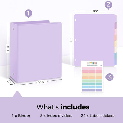 SKYDUE 1 Inch 3 Ring Binder with 8 Tab Dividers & 24 Labels, Pastel Binder Organizer for Letter Size Paper, Aesthetic School Binder for Notes, Documents, Office & Home Organization, Purple