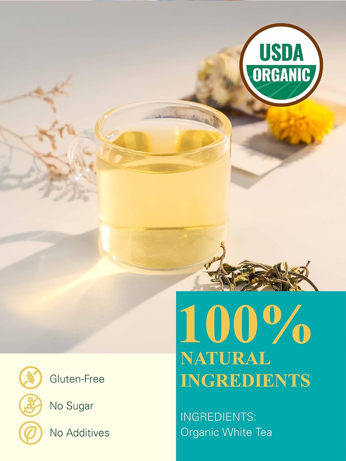 GLDNT Organic White Tea Loose Leaf, 7oz Whole Leaf White Tea, Low Caffeine