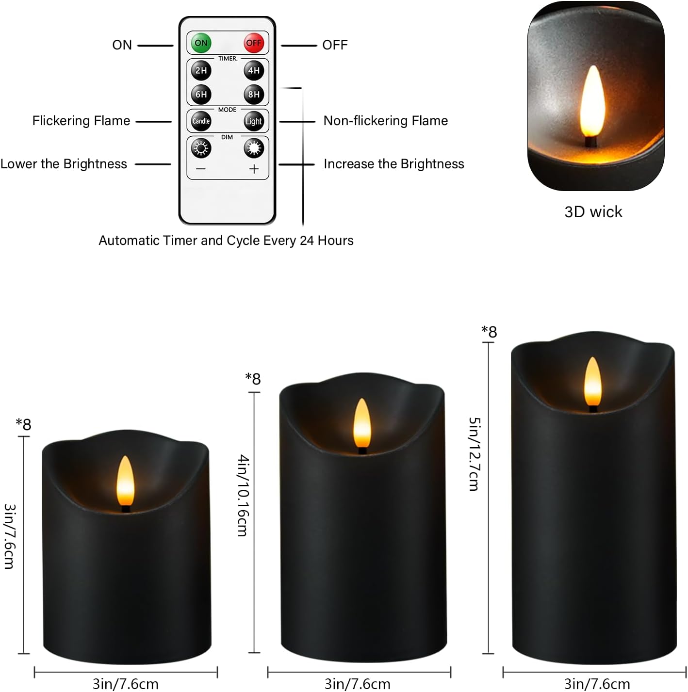 Nimiko Flameless Candles with Remote, Battery Operated Flickering Flameless Candles, LED Candles with Timer 2/4/6/8H, with Realistic LED Candles Set of 9 (D3 x H 3" 4" 5" 6" 7") (Ivory)