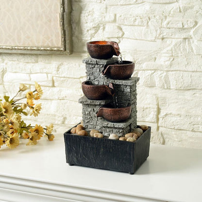 Kalona Indoor Tabletop Water Fountain – 3-Tier Resin Waterfall with LED Lights, Mini Bonsai Planter & Cascading Water Flow – Soothing Desk Fountain for Home, Office, Meditation Decor(22024)
