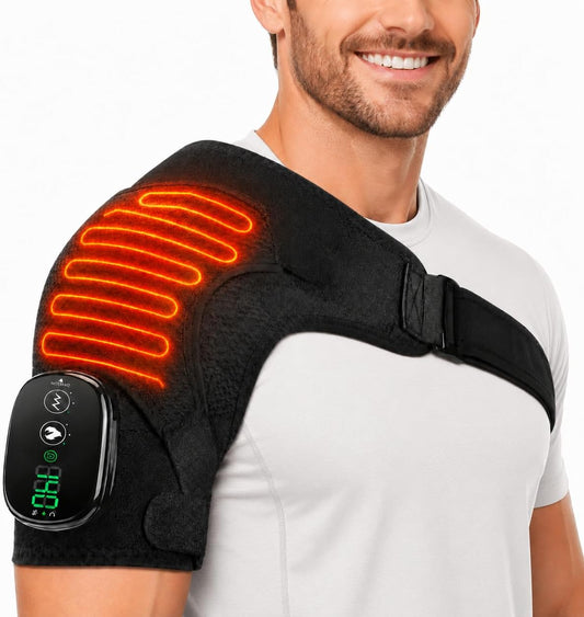 Cordless Shoulder Heating Pad with Massage, Rechargeable Shoulder Massager with Heat, Heated Shoulder Wrap, 3 Heat Levels & 3 Vibration Modes, 5000mAh Battery, Left or Right Shoulder, Black
