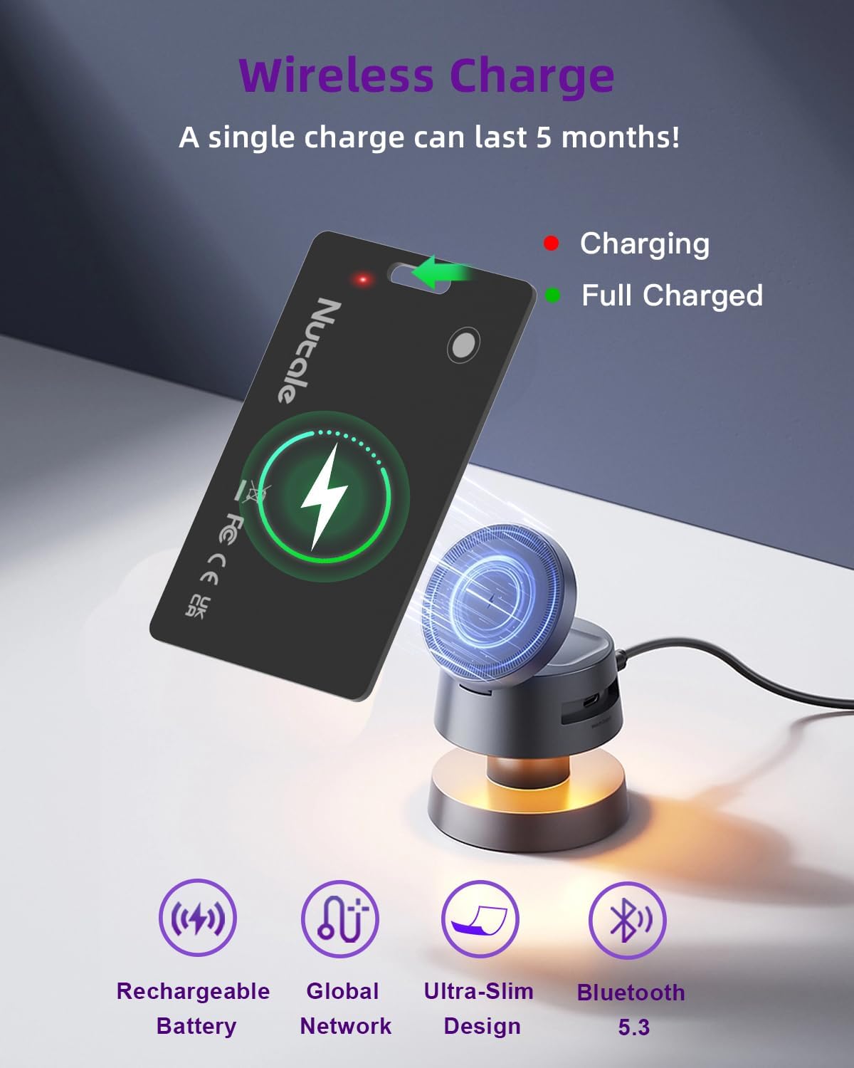 Rechargeable Wallet Tracker Tag Card, Works with Apple Find My