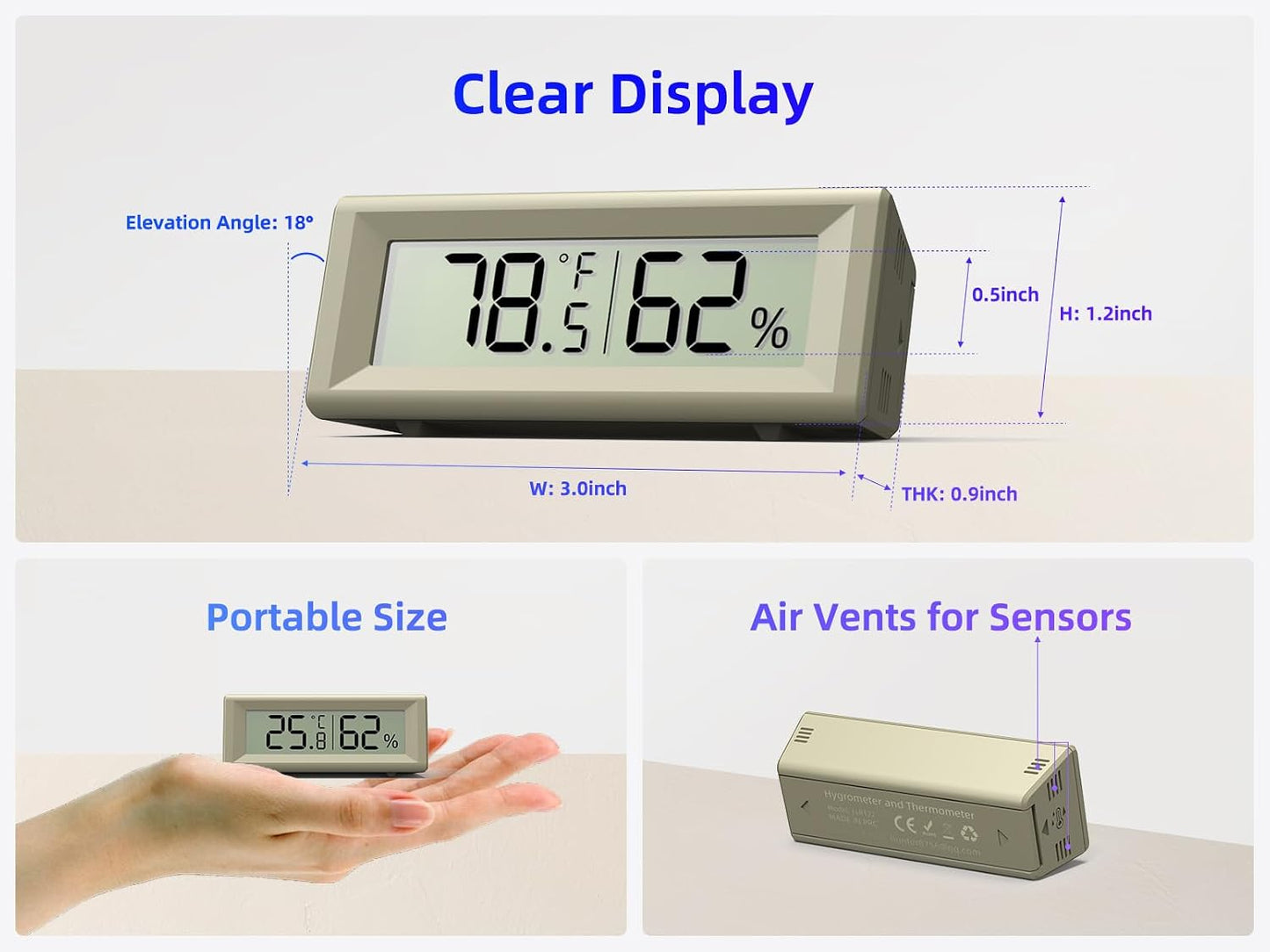 Small Digital Hygrometer, Humidity Meter, Indoor Thermometer, Room Temperature and Humidity Monitor, Gauge with Accurate Sensor, for House, Home, Baby Room, Greenhouse, Humidor, Incubator, Reptiles