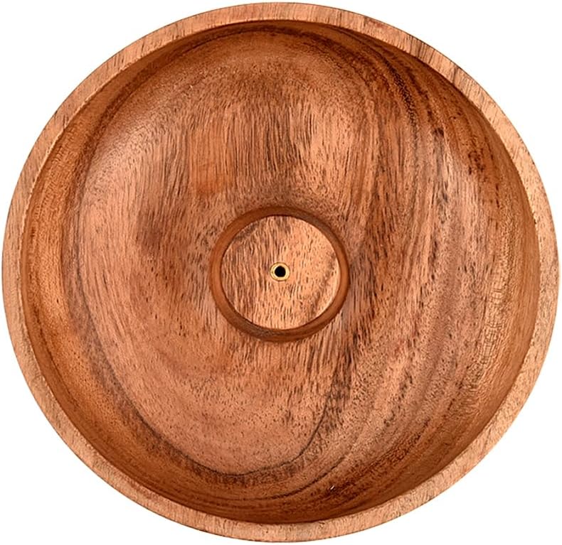 Samhita Acacia Wood Round Incense Stick Holder,Incense Burner, Ash Cather and Aromatherapy Ornament Home Décor (5" x 5" x 1.5")