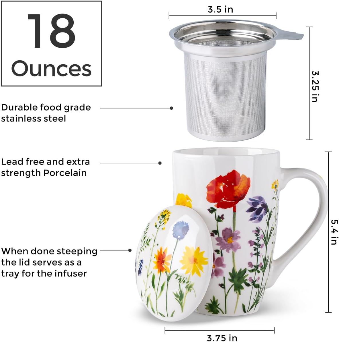 AmorArc 18oz Porcelain Tea Mug with Infuser & Lid, Loose Leaf Tea Cup with Stainless Steel Strainer, Large Coffee Mug Gift for Women, Tea Lovers, Home & Office