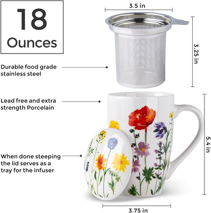 AmorArc 18oz Porcelain Tea Mug with Infuser & Lid, Loose Leaf Tea Cup with Stainless Steel Strainer, Large Coffee Mug Gift for Women, Tea Lovers, Home & Office