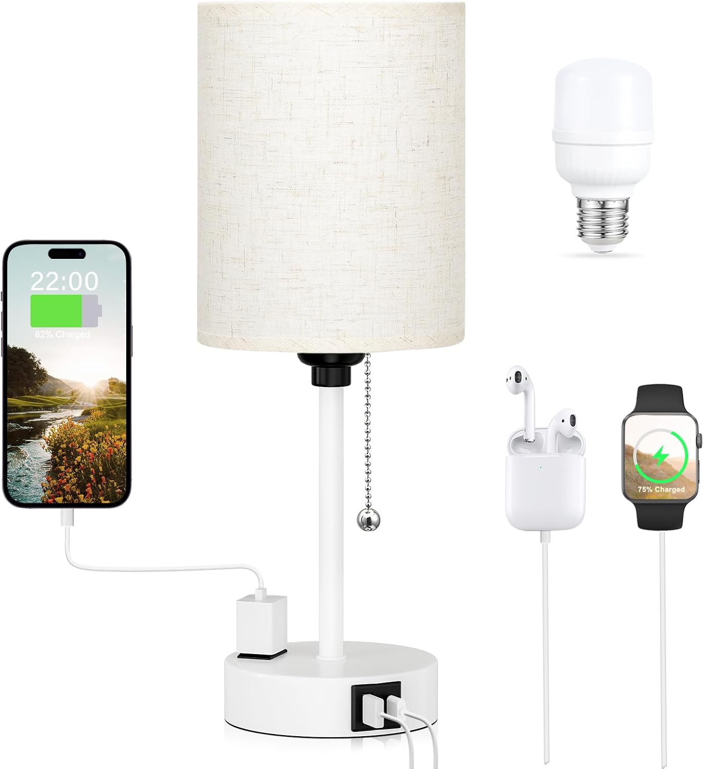 Small Bedside Table lamp for Bedroom - 3 Color Temperatures Bedside Lamps with USB C and A Ports, Pull Chain Table Lamps with AC Outlet, White Nightstand Lamps with Black Metal Base for Kids Reading