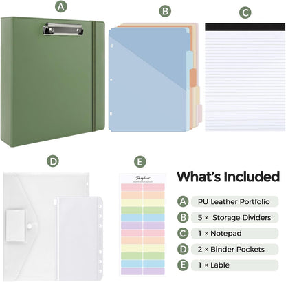 SKYDUE 3 Ring Binder with Clipboard, 13.2" × 10.2" Faux Leather 1 Inch Binder Organizer with 5 Pocket Dividers, Notepad, Labels & 2 Storage Pockets for Teachers, Students, Nurses & Office Work