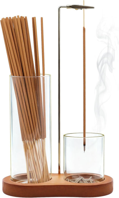 Incense Holder, 2 in 1 Incense Sticks Burner with Glass Ash Catcher & Stick Storage, Meditation Yoga Spa Gifts for Women, House Warming Gifts New Home Wooden Aesthetic Room Decor, Rustic Brown