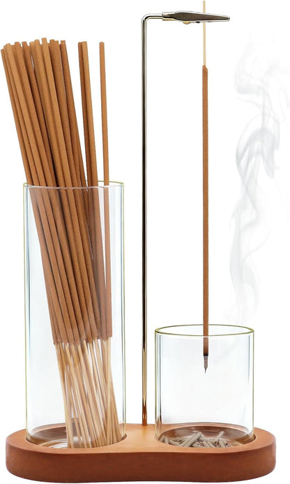 Incense Holder, 2 in 1 Incense Sticks Burner with Glass Ash Catcher & Stick Storage, Meditation Yoga Spa Gifts for Women, House Warming Gifts New Home Wooden Aesthetic Room Decor, Rustic Brown