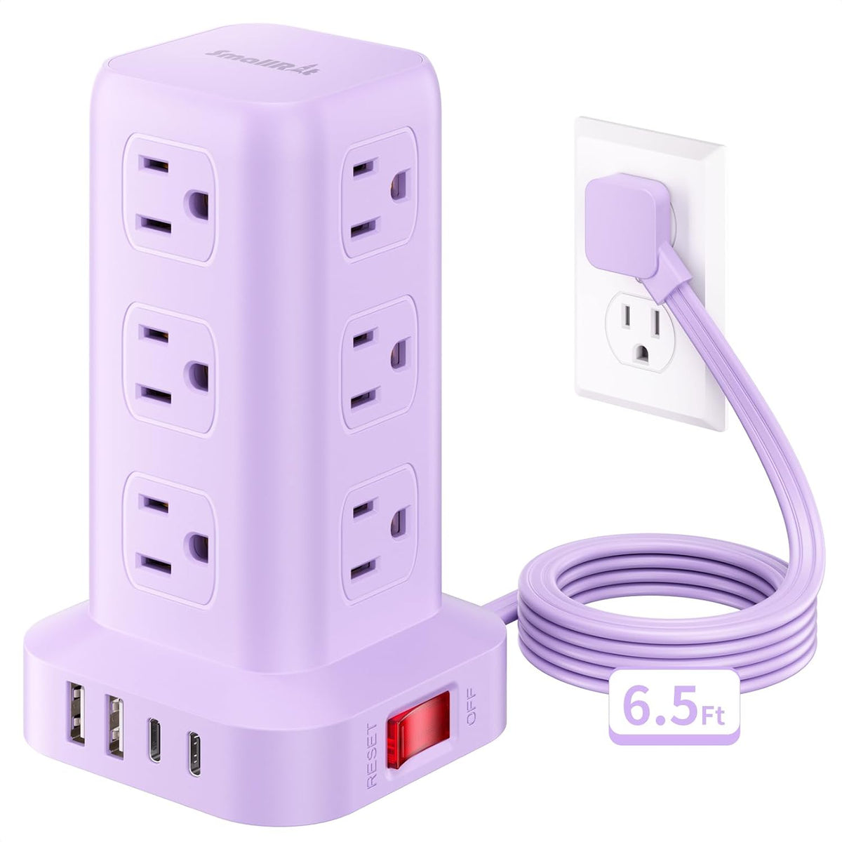 Extension Cord with Multiple Outlets, SMALLRT Power Strip Tower, Outlet Extender with 12 AC Outlets 4 USB, 6.5FT Extension Cord for Home Dorm Room, Office Supplies,Overload Protection