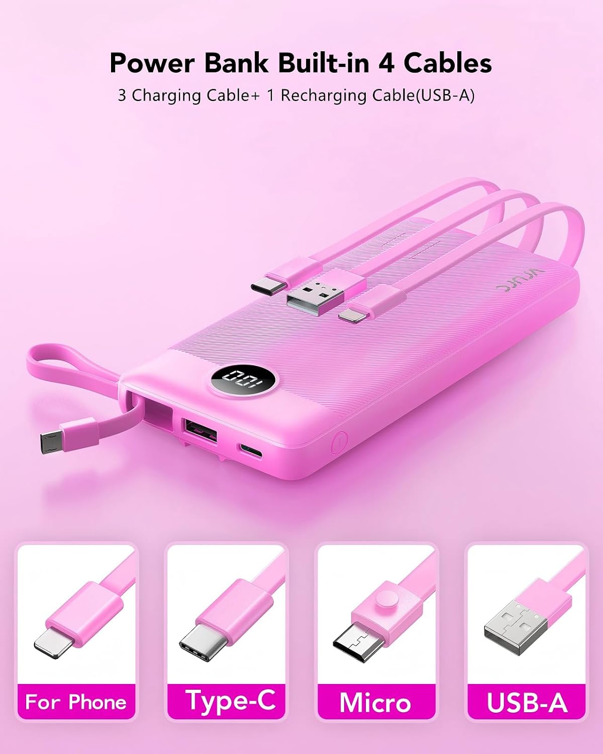 VRURC Portable Charger, Slim Power Bank Built-in 4 Cables, Travel Essential