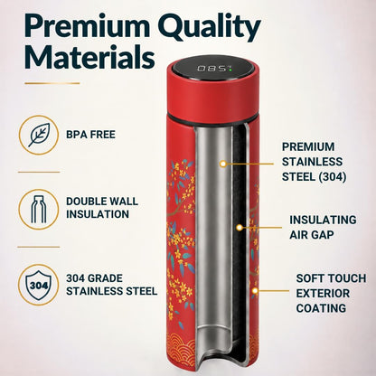 Farasi Tea Infuser for Loose Leaf Tea Smart Water Bottle with Fahrenheit Temperature Display, Stainless Steel Insulated Coffee and Fruit Tea Infuser Bottle - Floral Travel Tea Mugs 15 oz (Black)
