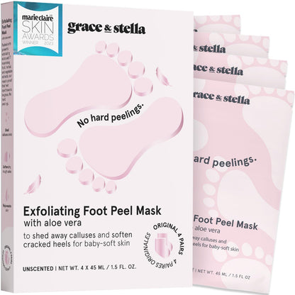 grace & stella Award-Winning Foot Peel Mask - Foot Peeling Mask with Aloe Vera - Moisturizing Foot Mask for Dry Cracked Feet - Foot Exfoliator for Baby Soft Feet (4 Pairs, Lavender)
