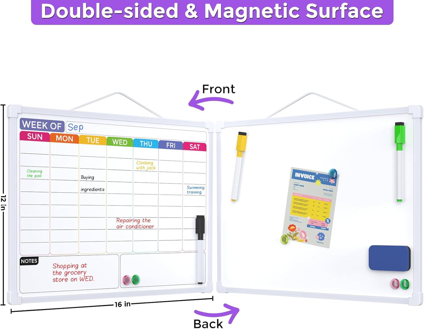 MaxGear Weekly Calendar Dry Erase Board, 16" x 12" Double-Sided Whiteboard | Double-Sided Design, Portable Weekly Planner, Magnetic Surface, 5 Markers & 4 Magnets, Hanging for Drawing, Memo, to Do List