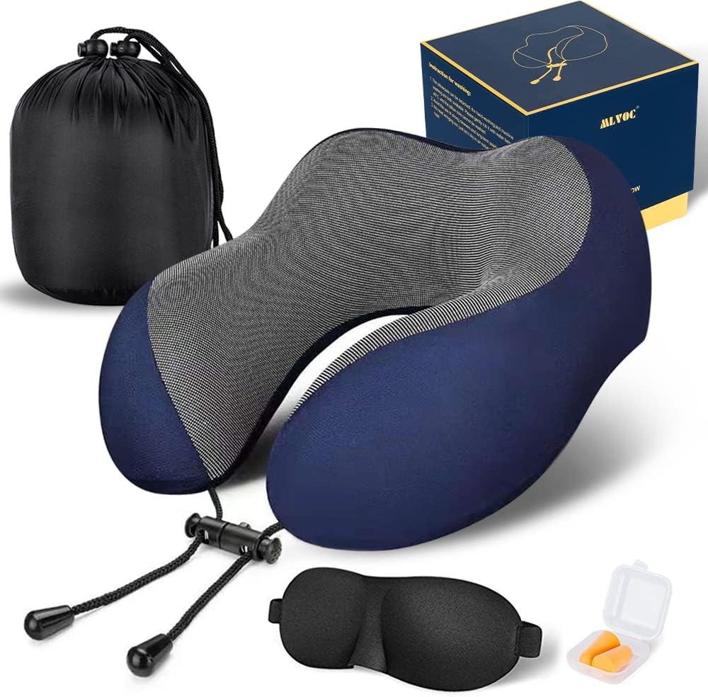 MLVOC Neck Pillow for Traveling, Upgraded 100% Pure Memory Foam Travel Neck Pillow for Airplane Flight Sleep, Breathable & Machine Washable Cover, Travel Kit with 3D Eye Mask, Earplugs & Bag, Black