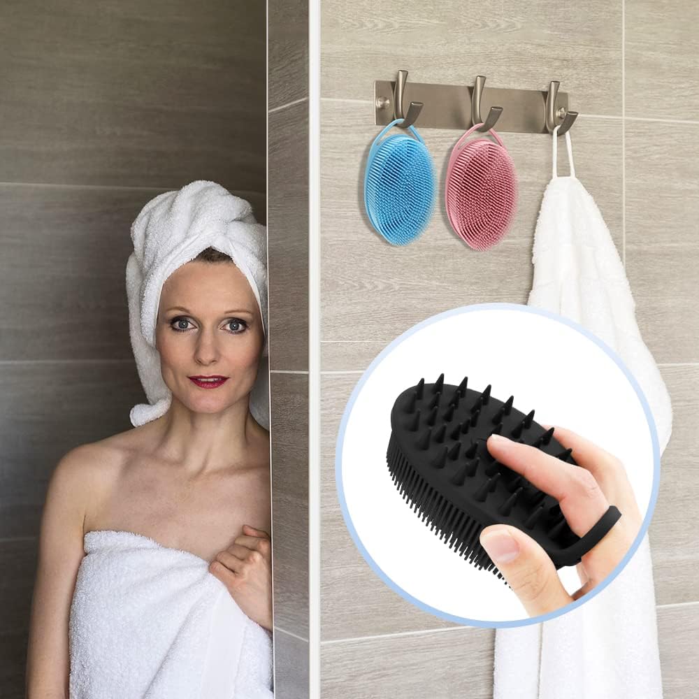 PQRUU 3 Pack Silicone Body Scrubber, Exfoliating Soft Loofah Bath Body Scrubbers for Use in Shower, Exfoliating Body Scrubber Fit for All Kinds of Skin, Rapid Foaming Black+Blue+Pink