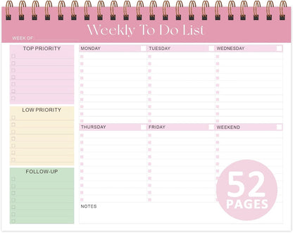 Weekly To Do List Notepad, 52 Sheets, Undated Weekly Planner, Letter Size | 8.5"x11", 100GSM, Thick Paper, Twin-Wire Spiral Bound, Tear Off Desk Pad, For Women & Man, Home School & Office Work