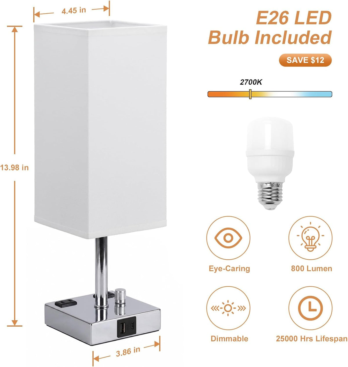 Bedside Table Lamps Set of 2 for Bedroom - Dimmable, USB C+A, 2 AC Outlets