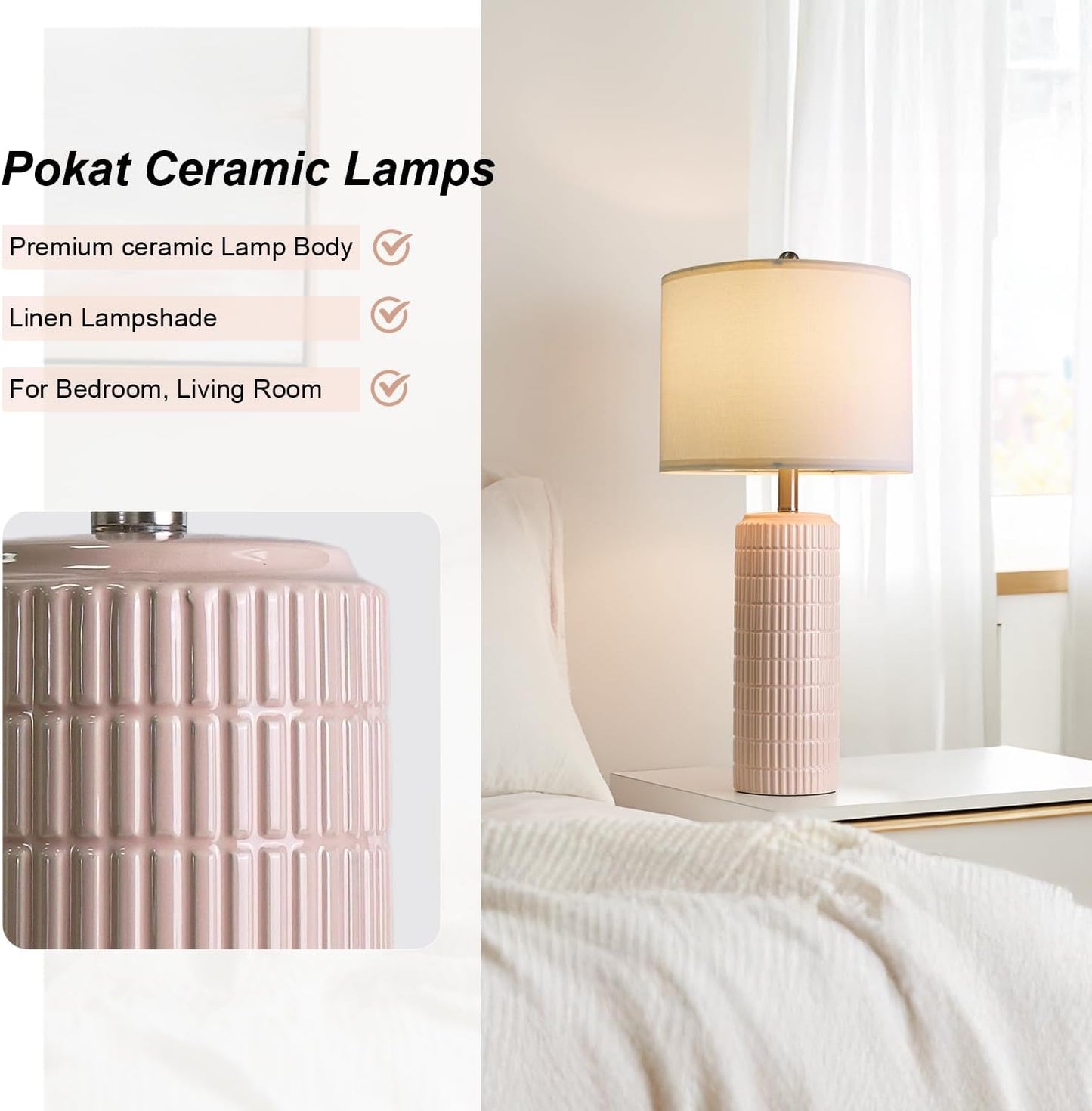 PoKat 23" Modern Ceramic Table Lamp Set of 2 for Living Room White Desk Lamps for Bedroom Farmhouse Bedside Nightstand Lamp House Warming Gifts New Home Decor End Table Lamps Gifts for Women Mom Beige