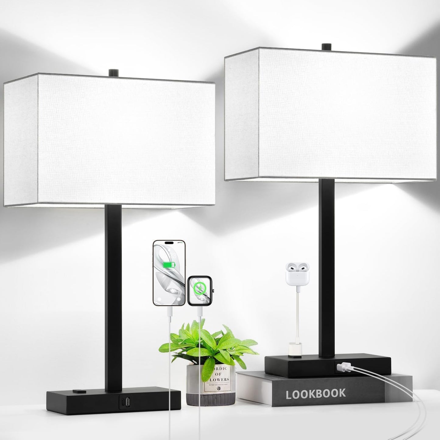 21" Touch Bedside lamps with 2 USB & AC Outlets, 3-Way Dimmable Bedside Table Lamps Set of 2 for Bedroom Living Room Office Reading, Gray Shade Lamps for Night Stands, 5000K LED Bulbs Included