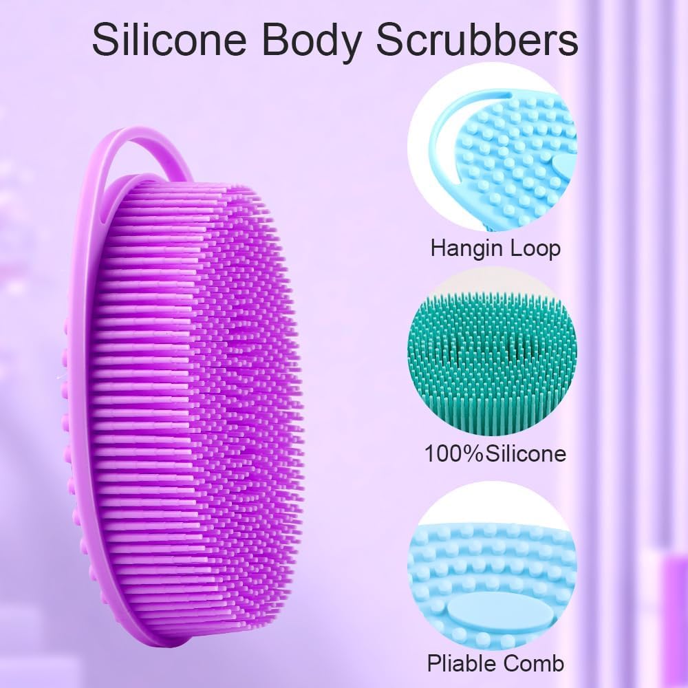 Soft Silicone Body Scrubber 2 PCS Silicone Body Shower, Silicone Loofah 2 in 1 Bath and Shampoo Brush, Body Scrubber Shower Cleaning Exfoliating Use for Sensitive Skin, Lather Well(Black and Pink)