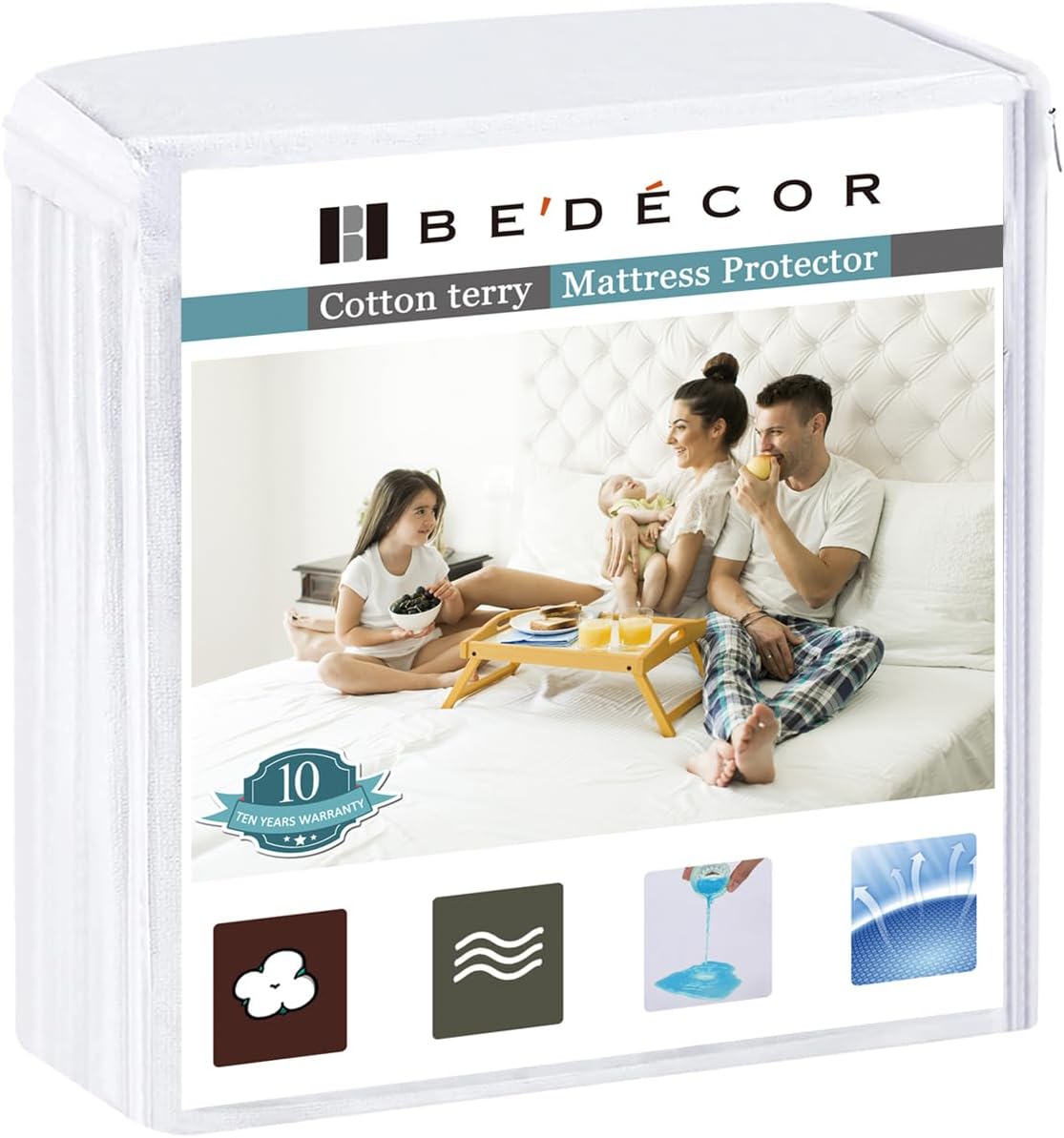 Bedecor Queen Waterproof Mattress Protector, Pee Proof Cotton Terry Cover | Noiseless, Soft Cotton Terry, Breathable, Fitted Elastic Deep Pocket 9-18 in, Washable, for Incontinence, Kids, Pets, Elderly