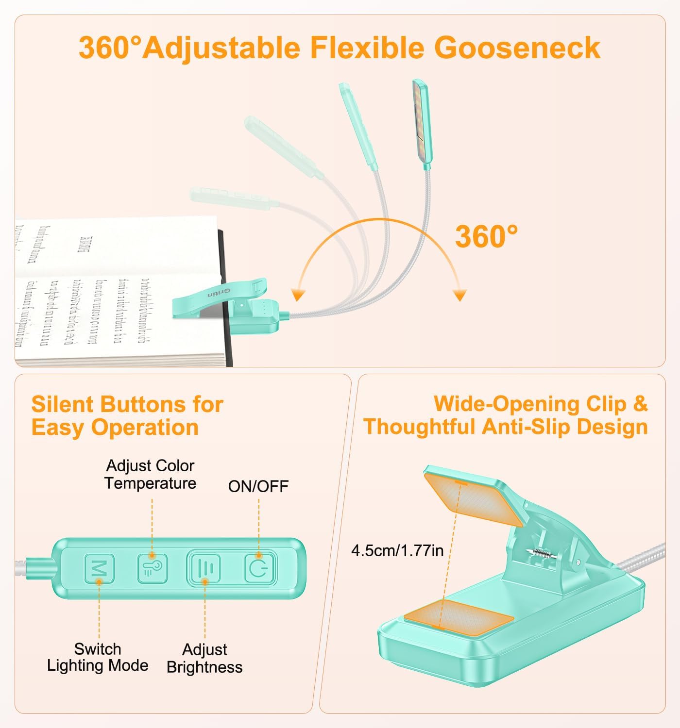 Gritin 2026 Gen 2 Book Light for Reading- 30 Eye Caring Full Spectrum LED, 5 Colors & 5 Brightness, Adjustable Wide/Narrow Beam, Upgrade 1500mAh Long-Lasting Rechargeable Clip on Light for Book Lovers