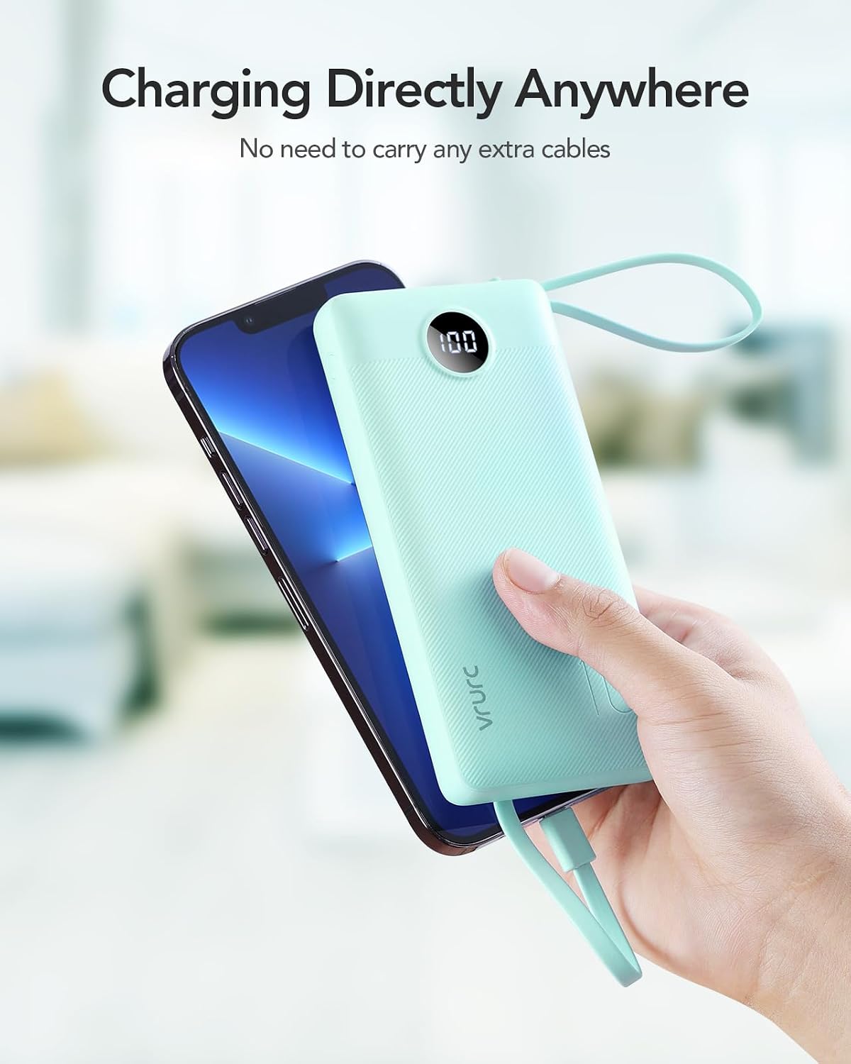 VRURC Portable Charger, Slim Power Bank Built-in 4 Cables, Travel Essential