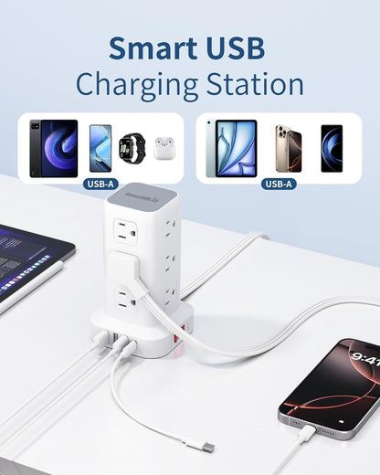 Extension Cord with Multiple Outlets, SMALLRT Power Strip Tower, Outlet Extender with 12 AC Outlets 4 USB, 6.5FT Extension Cord for Home Dorm Room, Office Supplies,Overload Protection