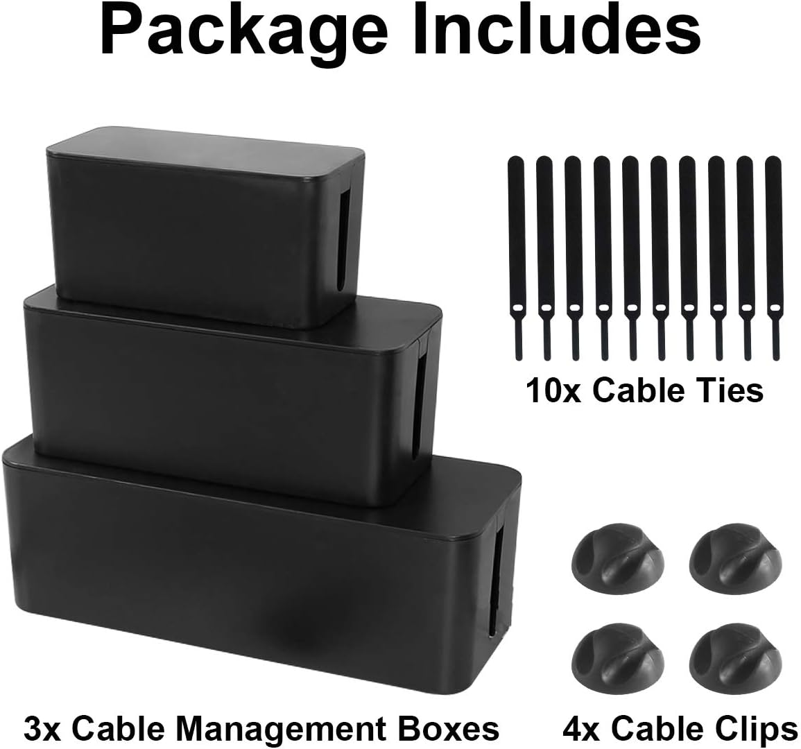 DUNCHATY Cable Management Box 3 Pack - Cord Hider & Power Strip Cover for Desk TV Computer - Child Pet Safe ABS Wire Organizer Box with 10 Cable Ties & Clips, White