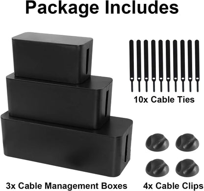 DUNCHATY Cable Management Box 3 Pack - Cord Hider & Power Strip Cover for Desk TV Computer - Child Pet Safe ABS Wire Organizer Box with 10 Cable Ties & Clips, White