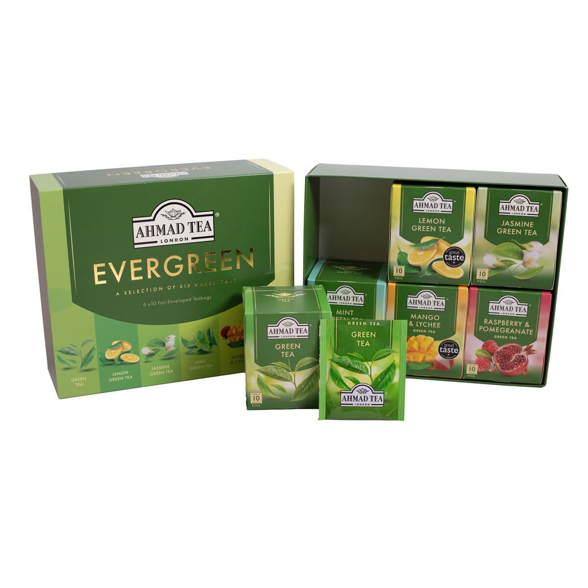Ahmad Tea Green Tea, Evergreen Selection Pack Teabags, 60 Foil Teabags - Caffeinated & Sugar-Free