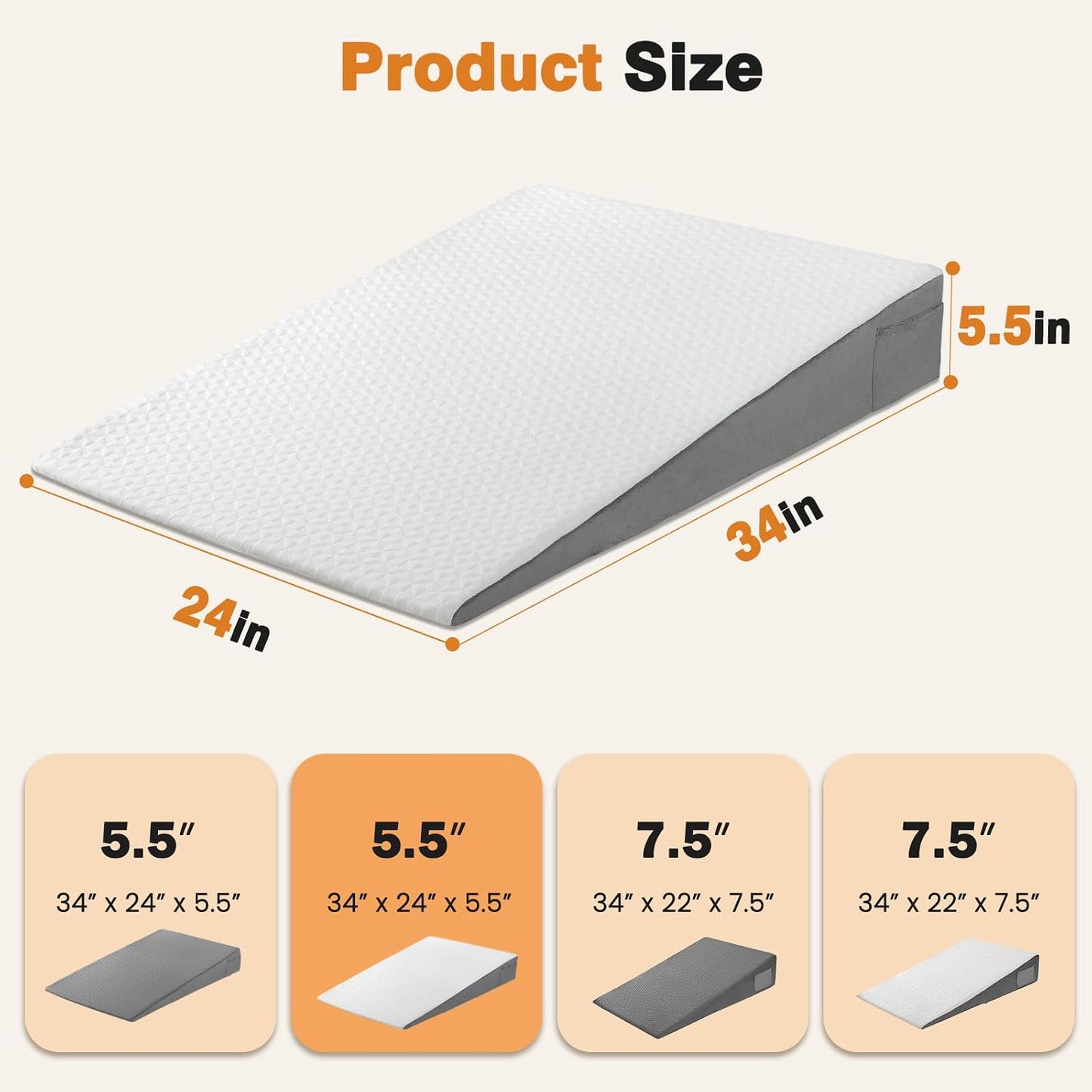 Vekkia 34" Extra-Long Wedge Pillow, 5.5" Bed Wedge Pillow for Sleeping,Gray