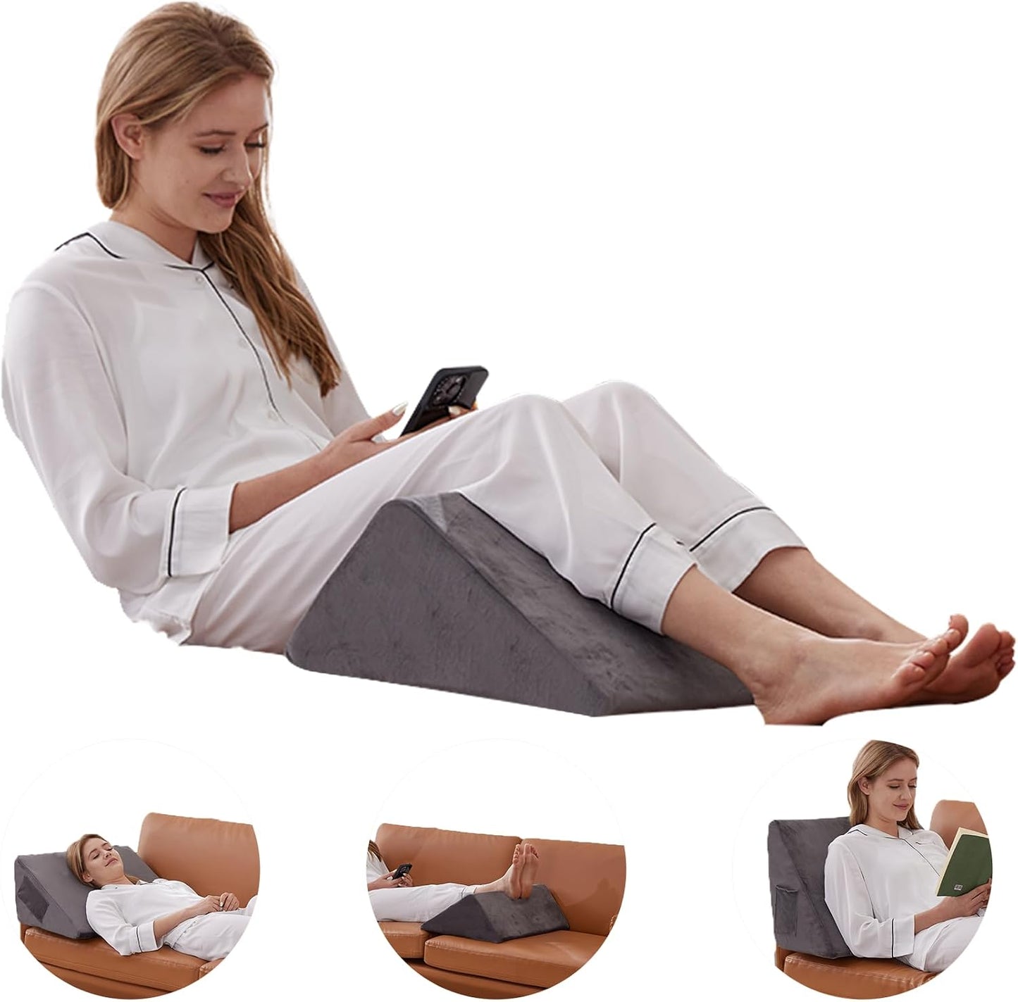 Bedluxe Knee Pillow for Back Sleeping, Leg Pillow Knee Wedge Pillow, Memory Foam Wedge Pillows for Legs Post Surgery, Triangle Pillow for Knee Support, Leg Elevation, Knees Hip Back Pain Relief, White