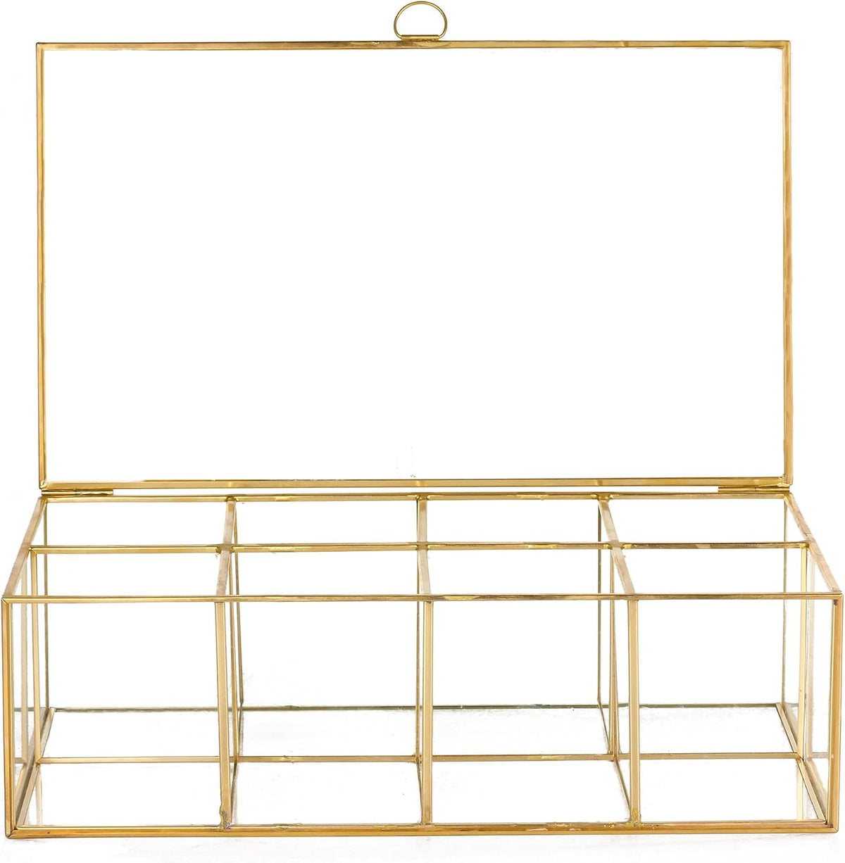NCYP Glass Tea Bags Organizer with 5 Grids Compartments, Indoor Counter Top Brass Display Case with Lid, Storage Box, Gold, Decor, Teabag Storage, 14.5 x 3.6 x 3.66 Inches (Glass Box Only)