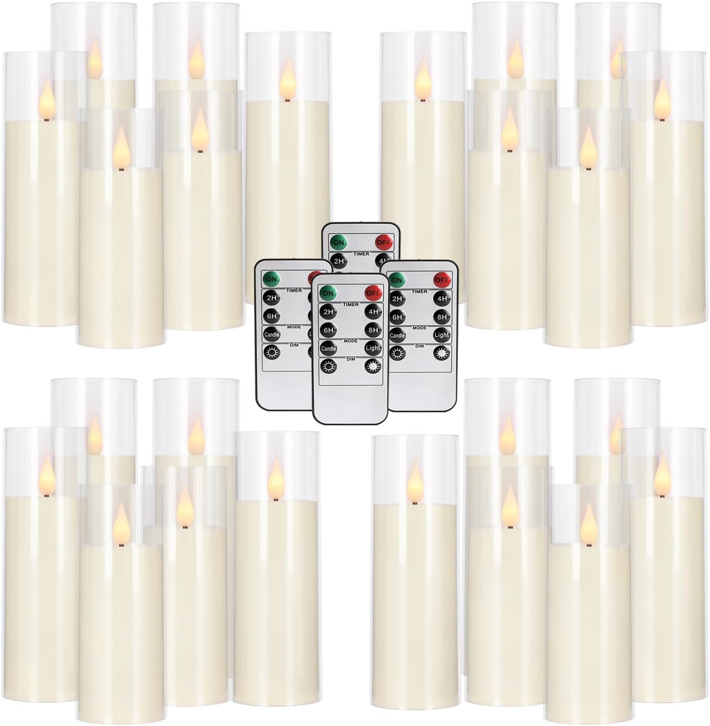 24 Pcs LED Flameless Candles with Remote, 3D Flickering Flame & LED String Lights, Acrylic Clear Cylinder, Timer Function, Romantic Ambience for Home Decor, Party, Wedding (Ivory).