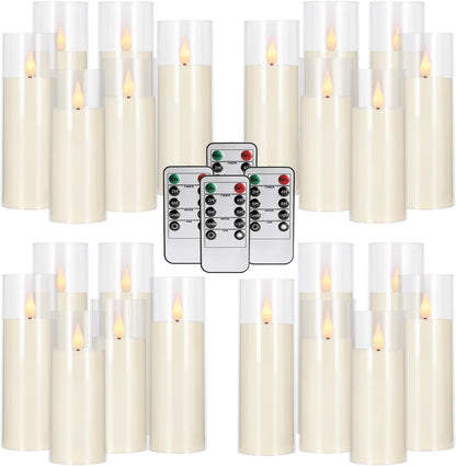 24 Pcs LED Flameless Candles with Remote, 3D Flickering Flame & LED String Lights, Acrylic Clear Cylinder, Timer Function, Romantic Ambience for Home Decor, Party, Wedding (Ivory).